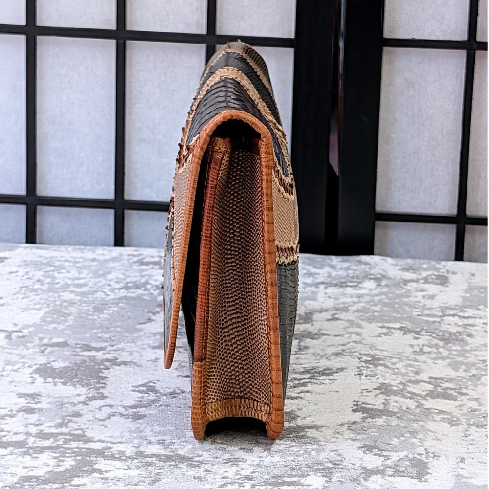 Carlos‎ Falchi Patchwork Leather Clutch Handbag Brown Black Tan Exotic Skin